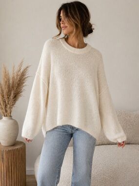 Free People Alpaca Blend Oversized Cream Sweater Cozy Soft Knit